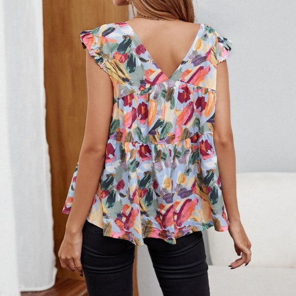 Boho Pink Floral V neck Ruffle Cap Sleeve Top - Picture 3 of 10